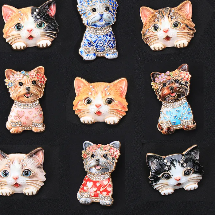 Authentic Cute Cat & Dog Enamel Rhinestone Brooches Gold Plated Pet Lapel Pins Women Coat Jewelry