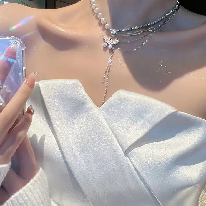Authentic 1Pc Shiny Crystal Butterfly Necklace Exquisite Multi-layer Pearl Clavicle Chain Necklaces for Women 2022 Trend Aesthetic Jewelry