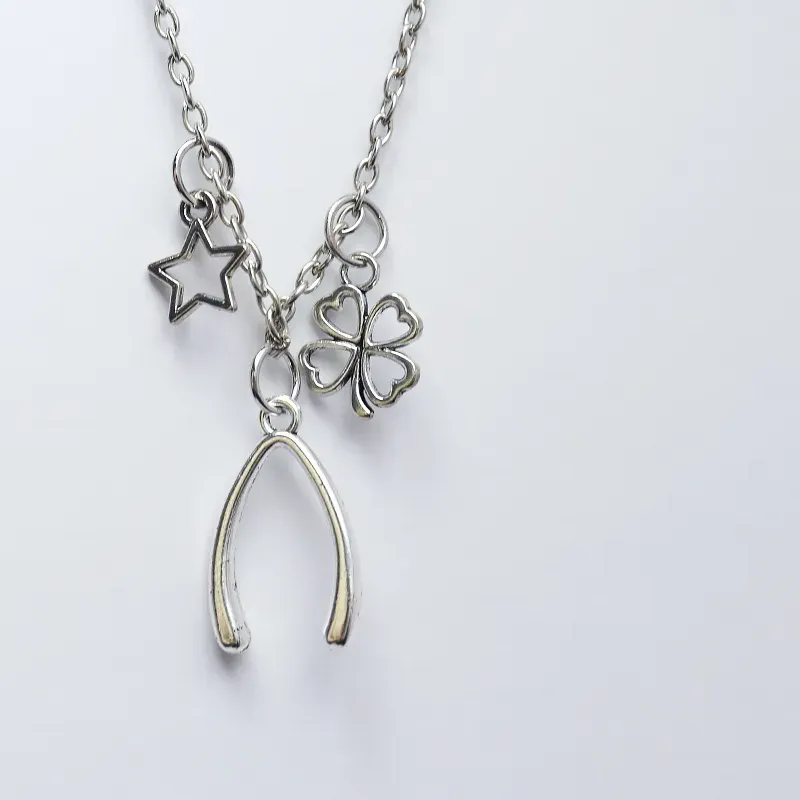 Authentic Vintage Wishbone Necklace for Women, Lucky Four Leaf Clover Star Pendant Necklace, Retro Dainty Choker Jewelry