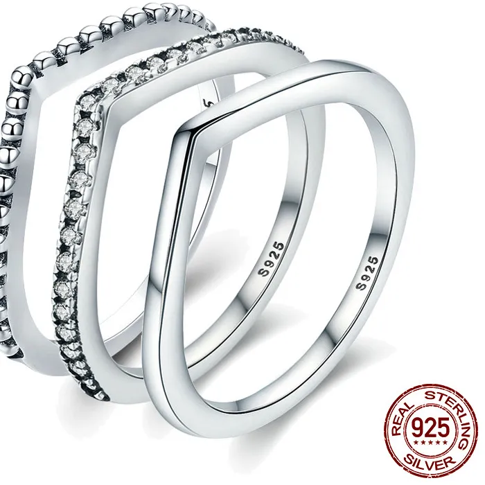 Authentic WOSTU Simple Rings 100% 925 Sterling Silver Shimmering Wish Stackable Ring For Women Wedding Original Jewelry