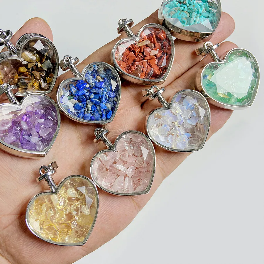 Authentic 2pcs Heart Shape Natural Stone Chips Pendant Friends Lover Boyfriend Girlfriend Wish Bottle Pendant Gifts Diy Necklace Accessory
