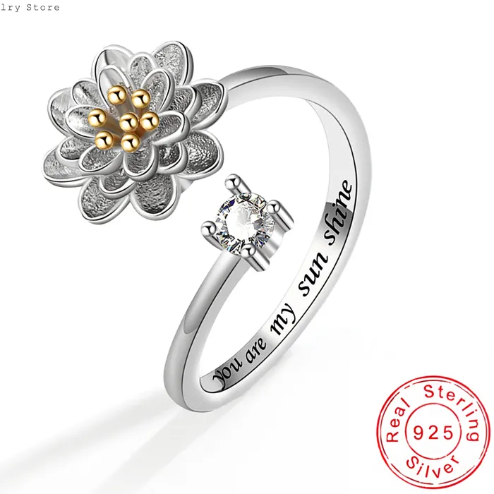 Authentic Bohemian Exquisite Daisy Flowers Round Zircon Rotatable Adjustable Wishbone Rings 925 Sterling Silver Jewelry
