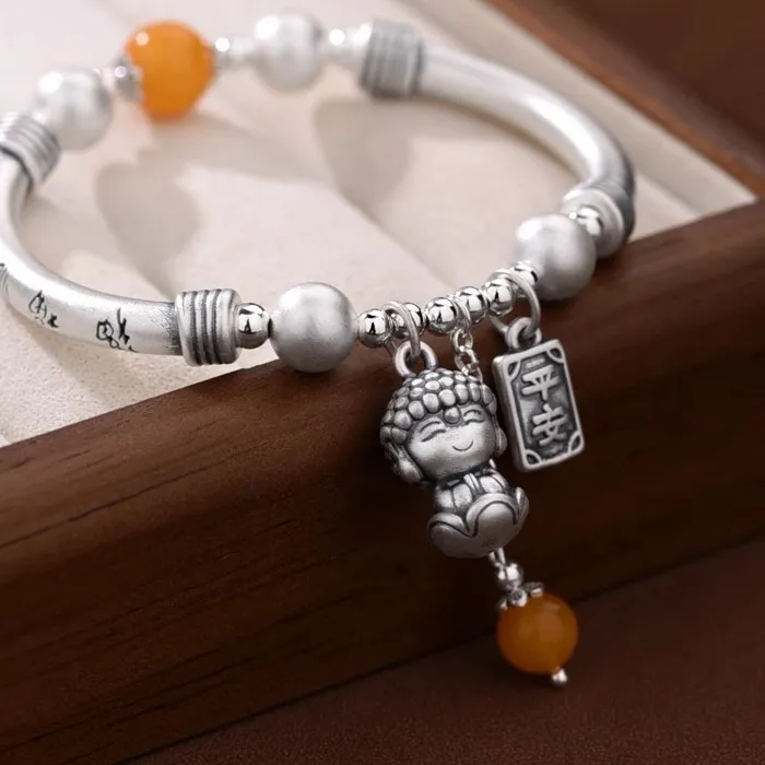 Authentic 925 Sterling Silver Bracelet Orange Beaded Bangle Good Wish Safe Vintage For Woman Girl Fashion Jewelry Gift Dropship Wholesale