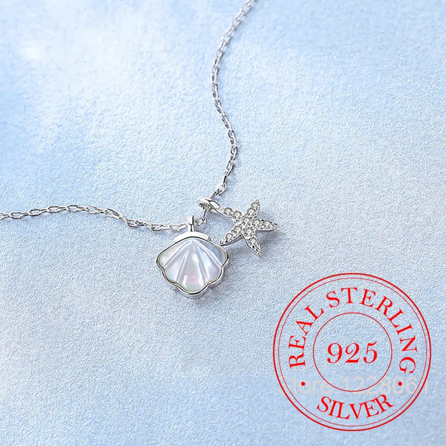 Authentic Real Money 925 Sterling Silver Crystal Fishstar Shell Pendant Necklace Clavicle Chain Birthday Jewelry