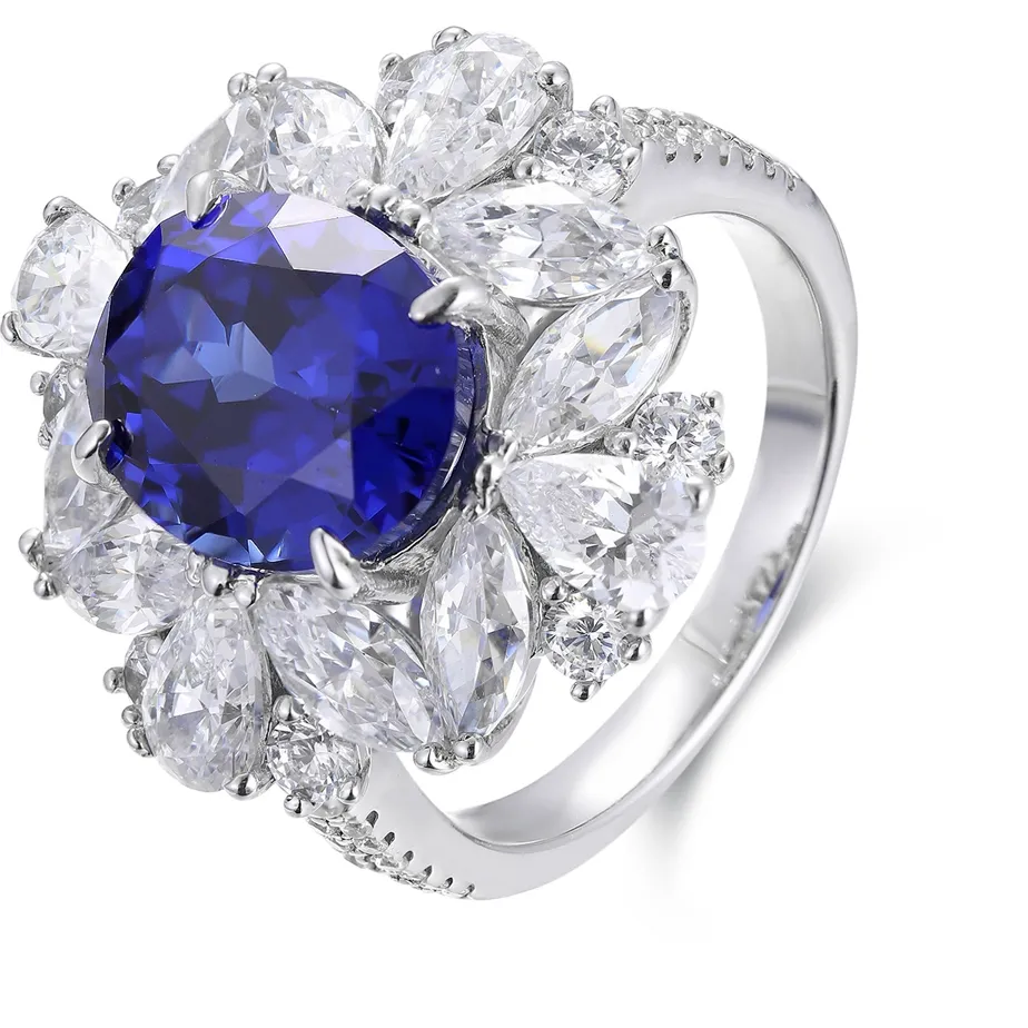 Authentic Sacred Love Blossoms - 18K Gold Plated Sterling Silver Lab Blue Emerald Ring