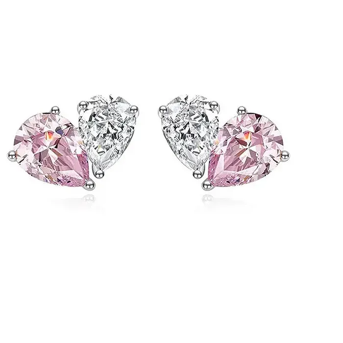 Authentic Real Money 925 Sterling Silver Women's Earrings Pink Crystal Heart Shaped Water Droplet Zircon Best for Wedding Jewelry