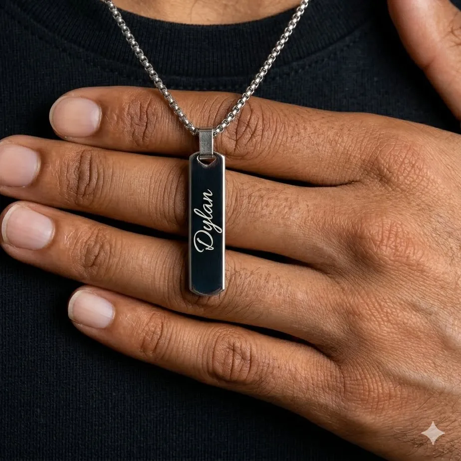 Authentic Free Engraving Necklaces Bold Vertical Bar Geometric Pendant Box Chain Custom Husband Father's Day