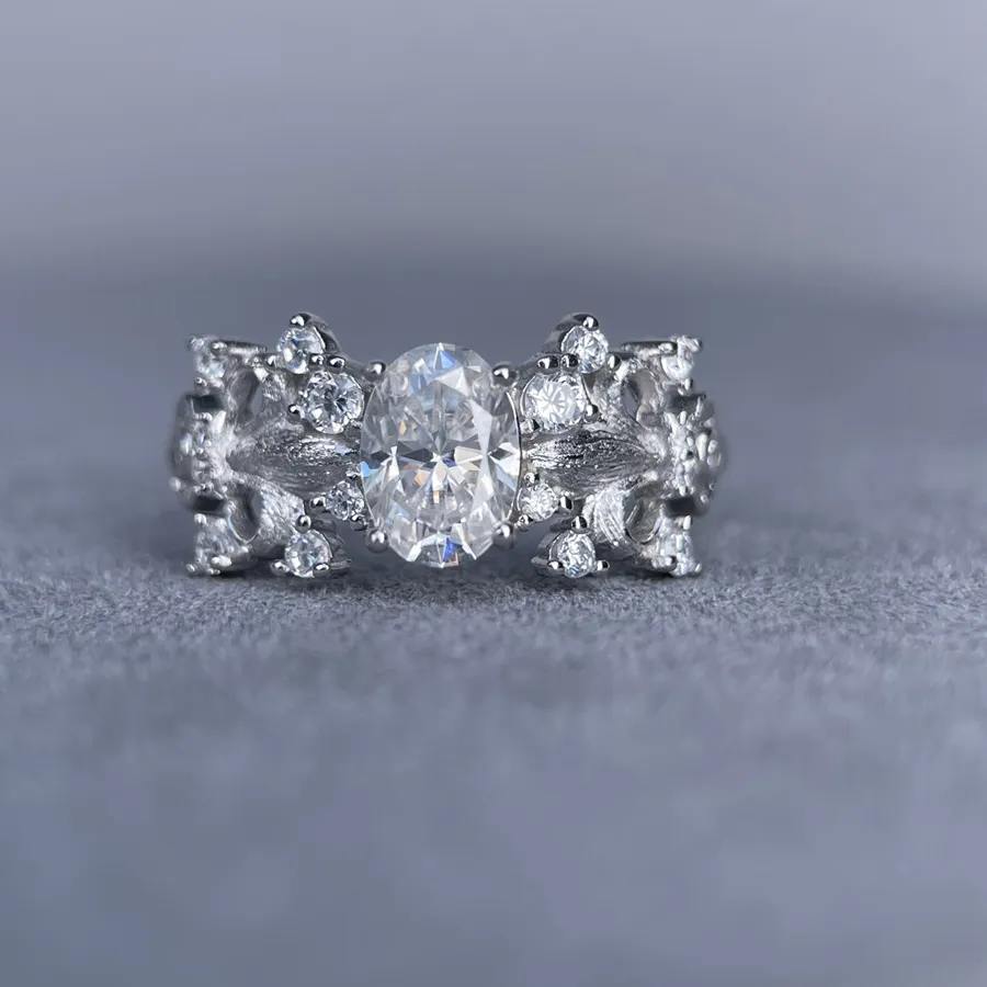 Authentic S925 Rhodium Plated 5x7mm 1CT D Color Oval Moissanite Royal Estate Ring for Women - Adjustable Open Design Elegant Jewelry .