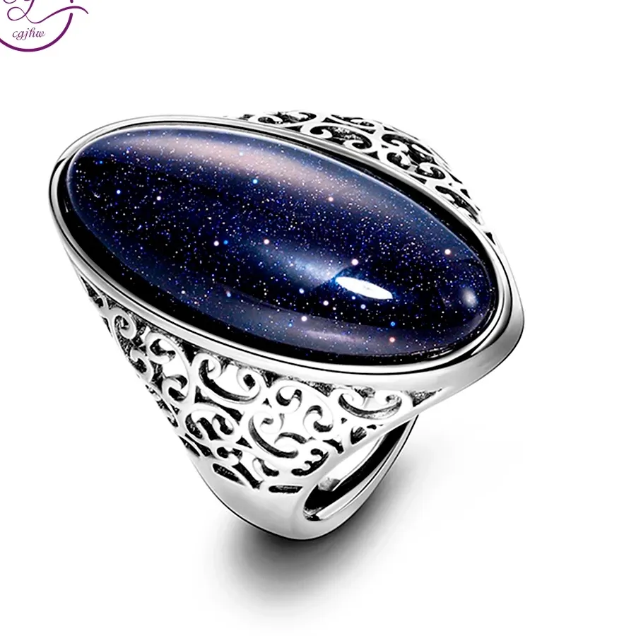 Authentic Vintage Natural Blue Sandstone S925 Silver Rings for Women  Fine Jewelry Party Elegant Wedding  Finger Ring Gift