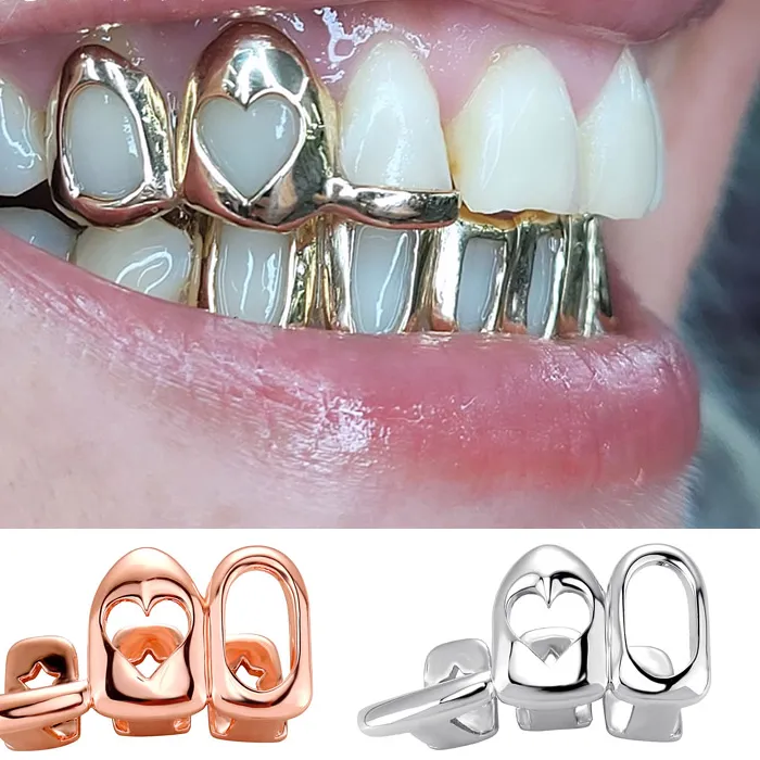 Authentic Topgrillz Glossy Mixed 3 Hollow Heart Tooth Caps Teeth Jewelry Horizontal Bar Dental Grillz Halloween