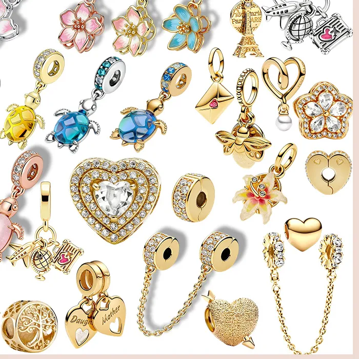 Authentic Original Charms Beads Golden Flower&Tortoise Sparkling Leveled Hearts Charm Beads Fit Pendant Bracelet Women Jewelry