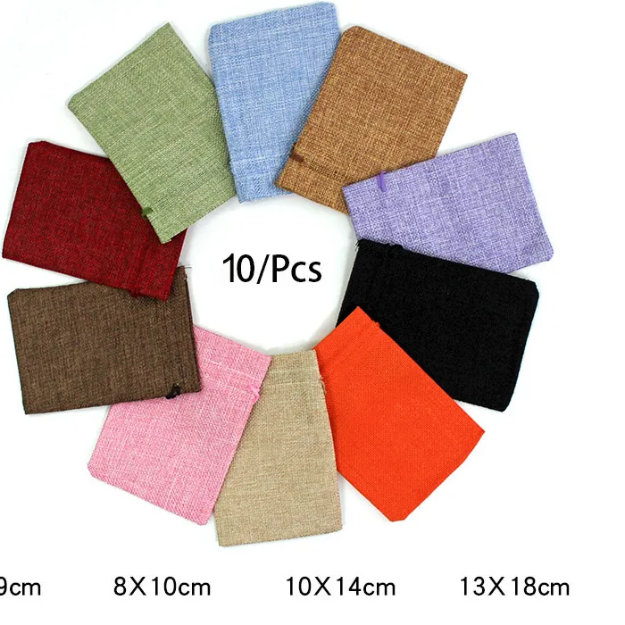 Authentic 10Pcs/Lot Drawstring Natural Burlap Bag Jute Gift Bags Multi Size Jewelry Packaging Wedding Bags with Candy Bag Can Custom Logo