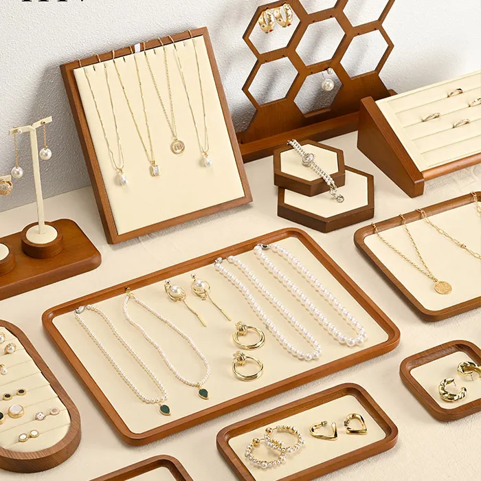 Authentic Orilv Wooden Jewelry Stand Necklace Display Prop Beige Jewelry Organizer Ring Earring Pendant Rack Bracelet Jewelry Display Prop