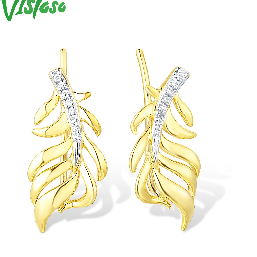 Authentic VISTOSO 14K 585 Yellow Gold Clip Earrings For Women Sparkling Diamond Plant Leaves Cuff Earrings Wedding Gift Chic Fine Jewelry