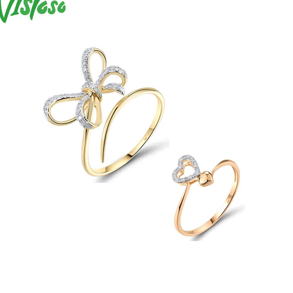 Authentic VISTOSO 14K 585 Yellow Rose Gold Opened Rings For Women Sparkling Diamond Heart & Bowknot Anniversary Wedding Gifts Fine Jewelry