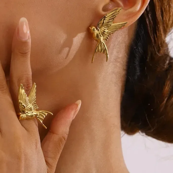 Authentic Minar Unique Metallic Dove Of Peace Pendant Dangle Earrings Non Tarnish 18K Gold Pvd Plated Jewelry