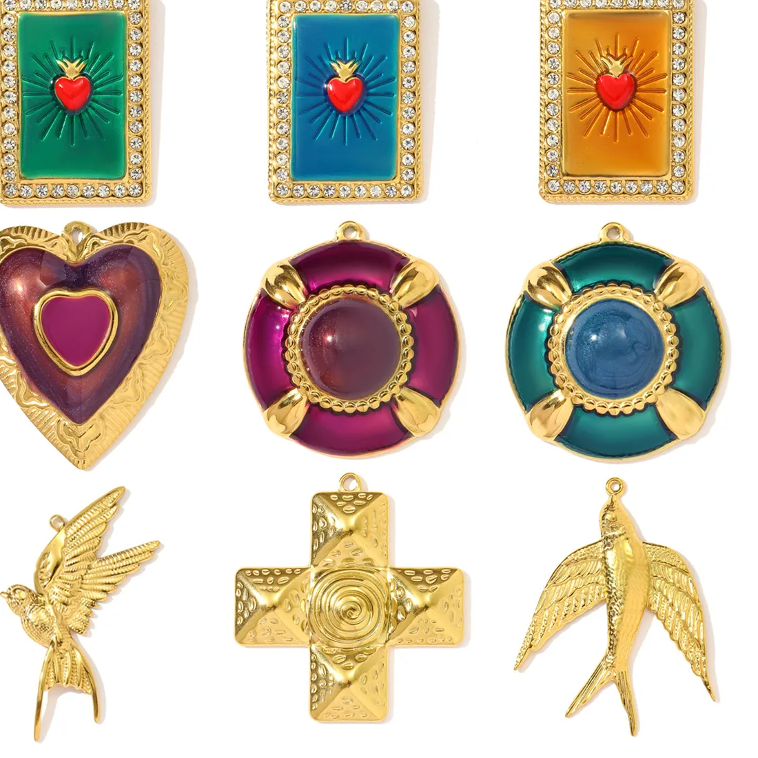 Authentic 3Pcs Enamel Love Heart Diy Earring Swallow Dove Necklace Pendant Cross Jewelry
