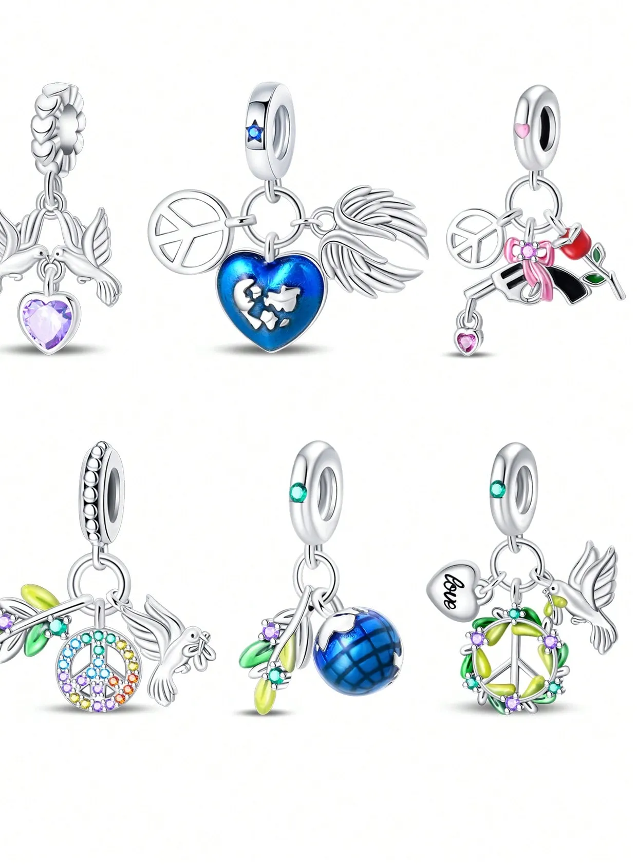 Authentic 925 Silver Plated Original Charms Peace Dove Love Rose Beads Fit Bracelet Women's Jewelry Gift