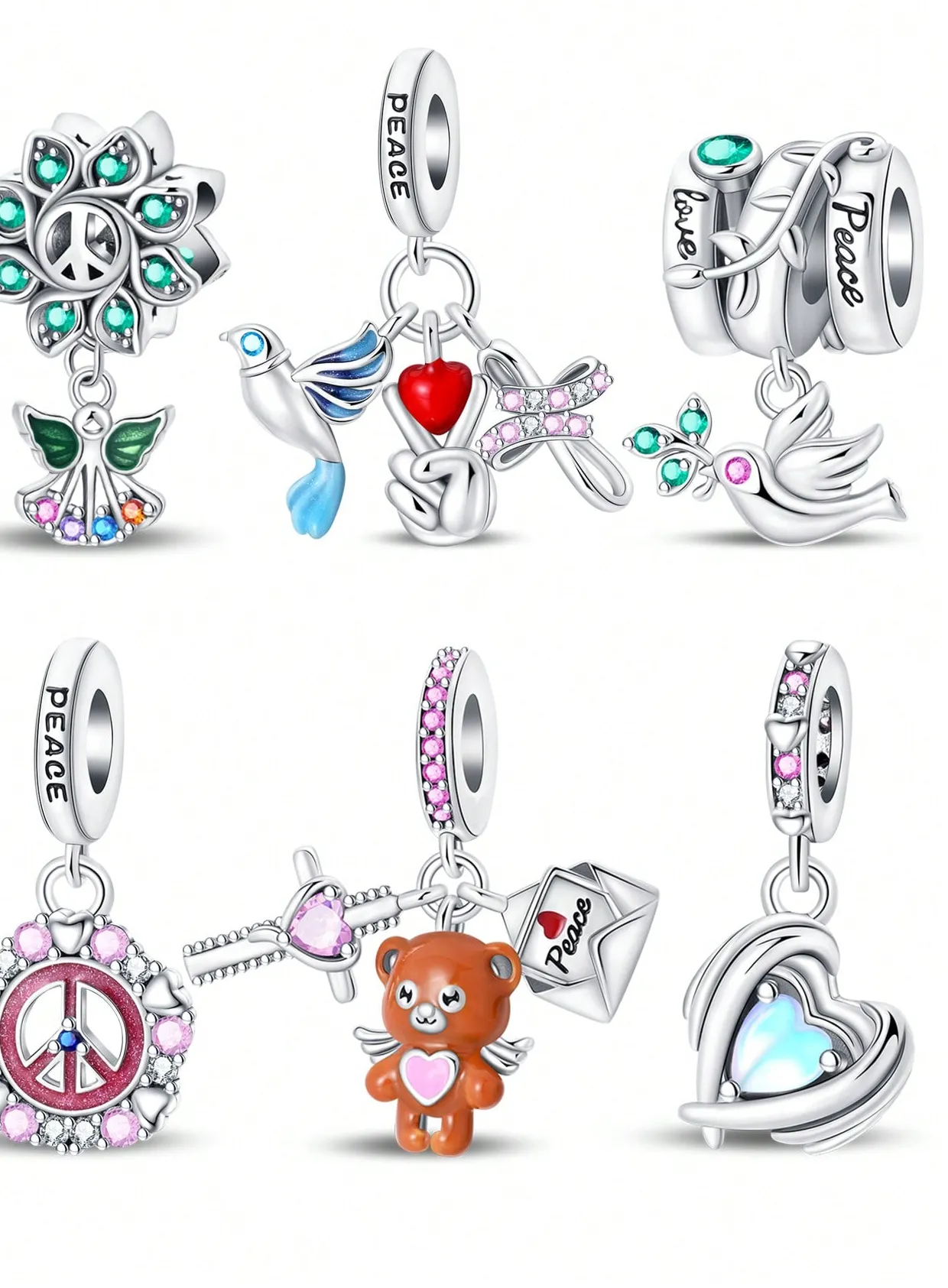 Authentic 925 Silver Plated Original Charms Peace Dove Bear Love Beads Fit Bracelet Women's Jewelry Gift