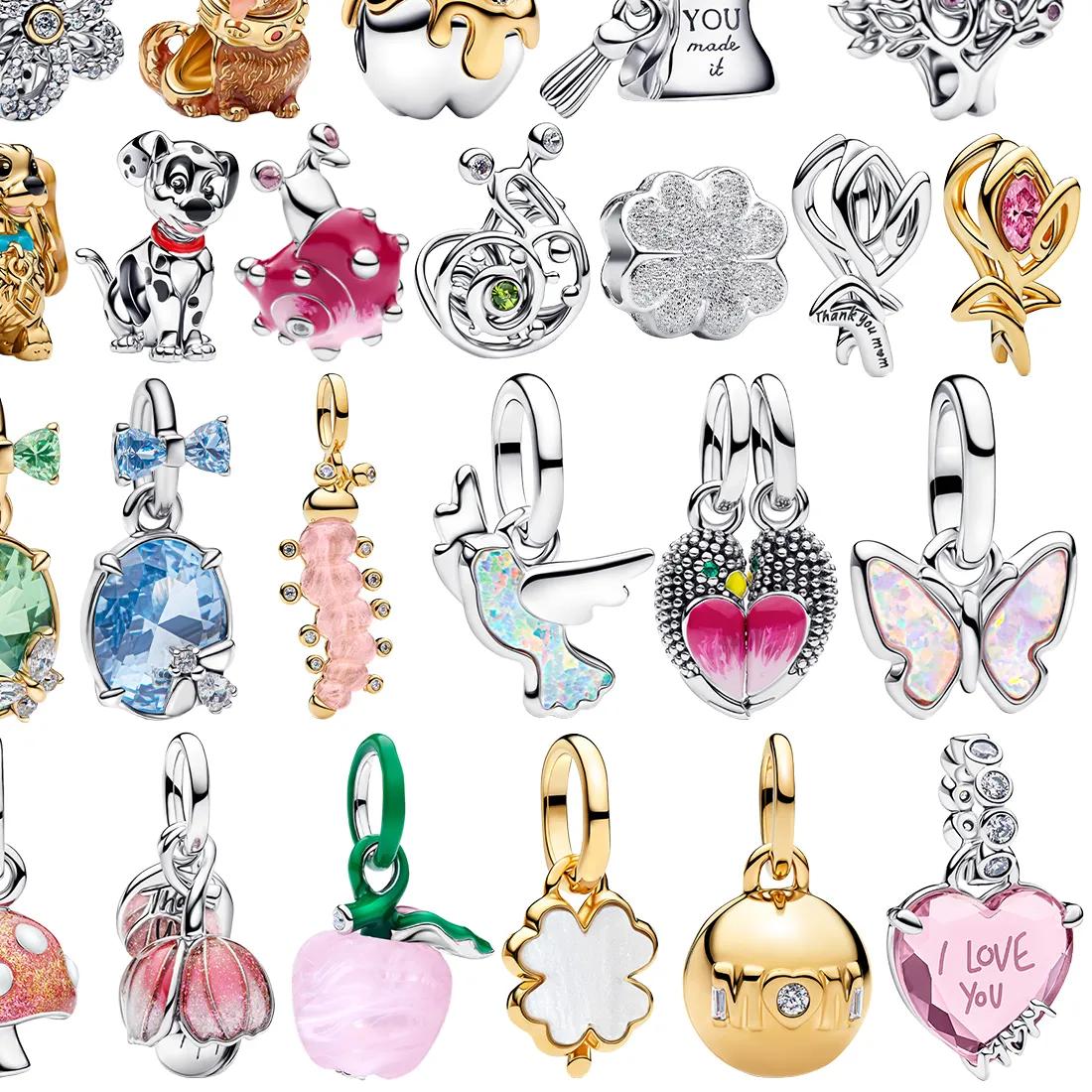 Authentic S925 Silver Plated Cute Dog Apple Butterfly Tree Clover Dove Snail Mushroom Charm Inlaid Gem DIY Bracelet Necklace Gift Jewelry
