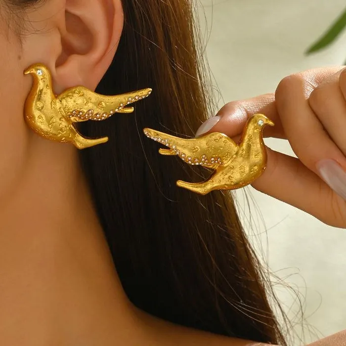 Authentic Fashion Peace Dove Metal Stud Earrings for Women with Rhinestone Elegant Jewelry Gift for Parties or Casual Outfits