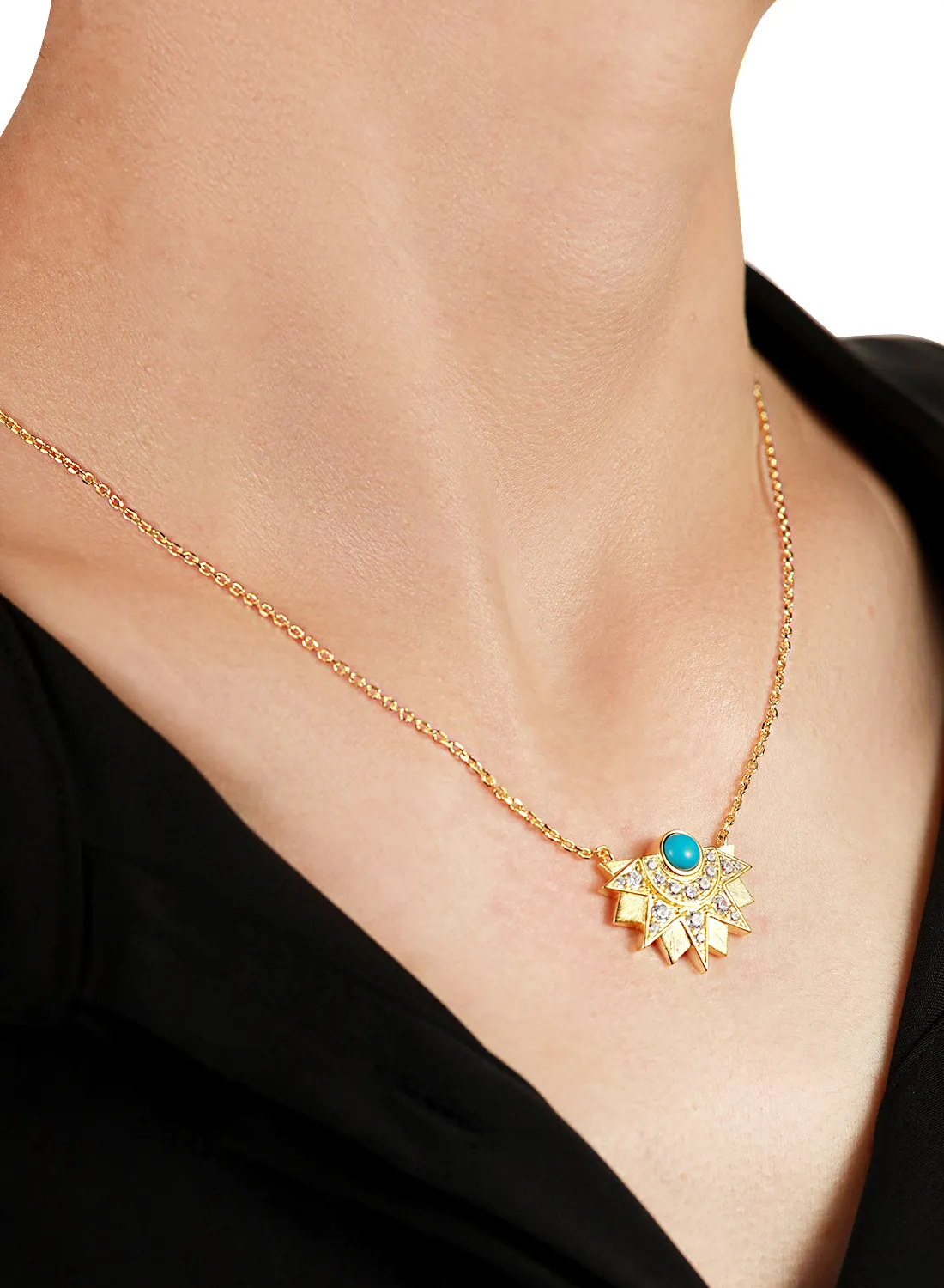 Authentic APIR Blue Turquoise Sun Round Floral Design Pendant Necklace for Women 18K Gold Plated Elegant Fine Neck Jewelry Gifts customize
