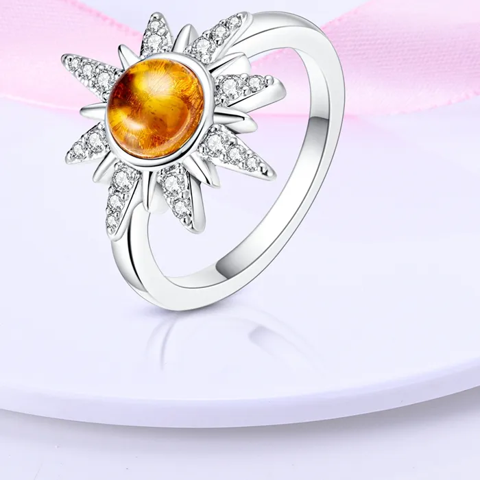 Authentic Original 925 Sterling Silver Sparkling Gold Glitter Sun Ring For Women Girls Jewelry Birthday Anniversary Gifts