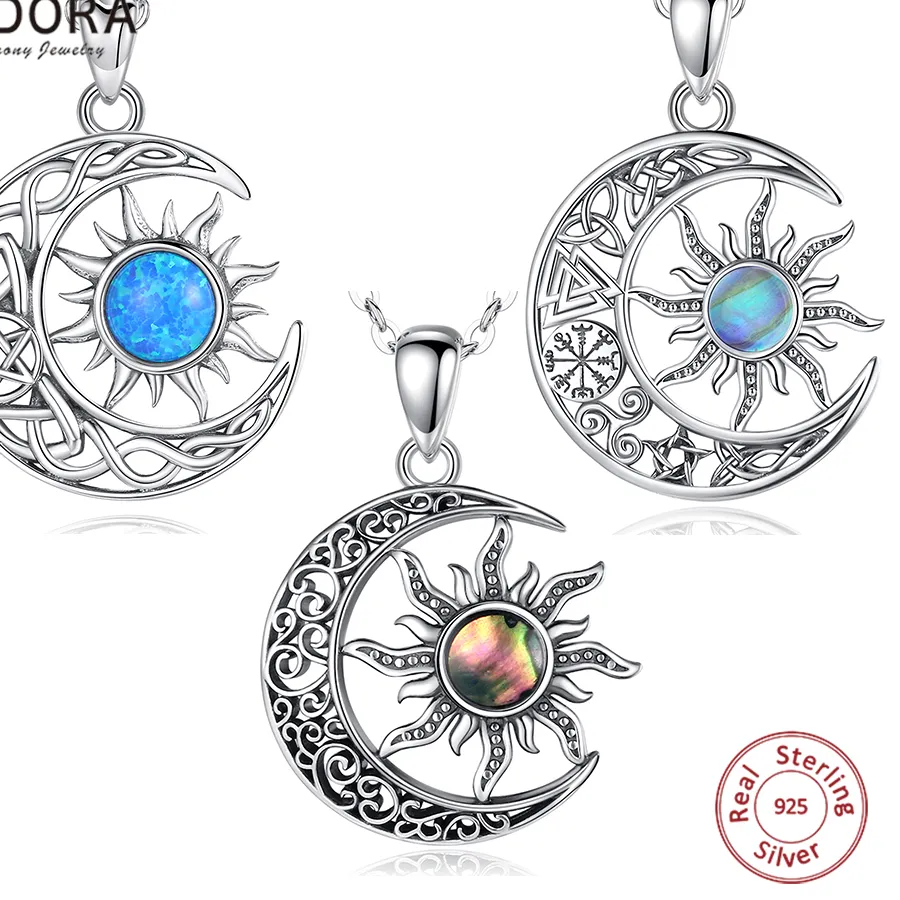 Authentic EUDORA 925 Sterling Silver Sun Moon Necklace for Women Man Pentagram Viking Celtic knot Moon Pendant Fine Jewelry party
