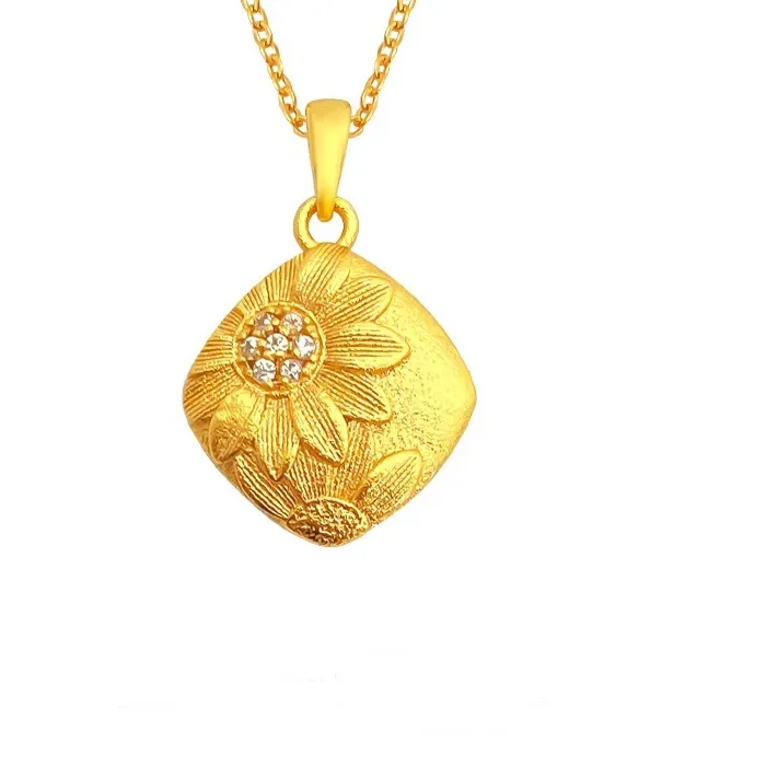 Authentic QEENKISS 24KT Gold Vintage Sun Flower Necklace Pendants For Women Wedding Party Birthday Christmas Bride Mother Girl PT5217