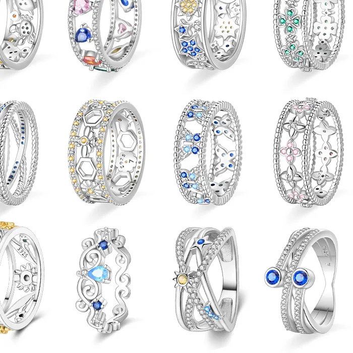 Authentic 100% 925 Sterling Silver Sunflower Sun Moon Wide Rings Classic Heart-Shaped Crown Female Rings Elegant Party Jewelry