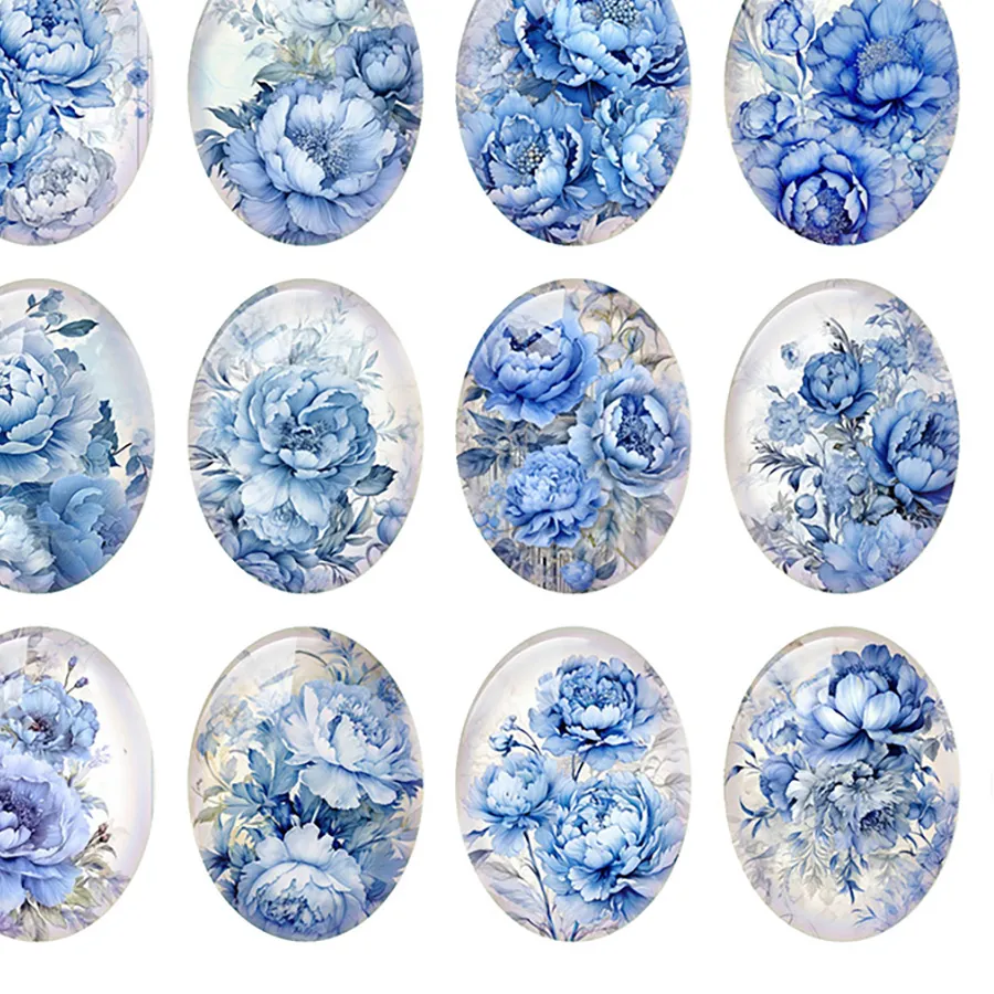 Authentic Random Mixed Round/Oval/Square Blue Poeny Flower Photo Glass Cabochon Flatback Demo Cameo For Diy Jewelry Making Handmade