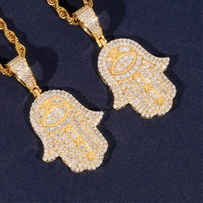 Authentic 925 Silver Iced Moissanite Hamsa Pendant Hiphop Women Men Bling Mosan Diamond Fatima Necklace with Chain 24in Pass Tester
