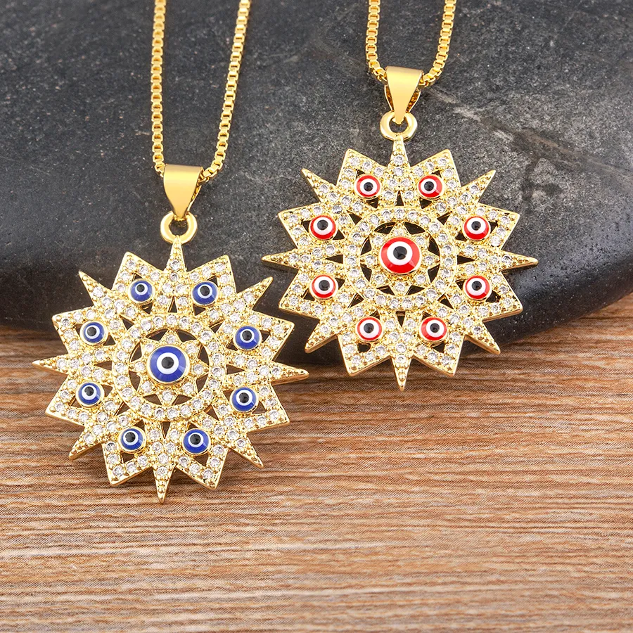 Authentic Nidin Light Luxury Gold Plated Zircon Jewelry Necklace Pendant Sun Flower Hamsa Evil Eye Neck for Women Collier Femme Gifts