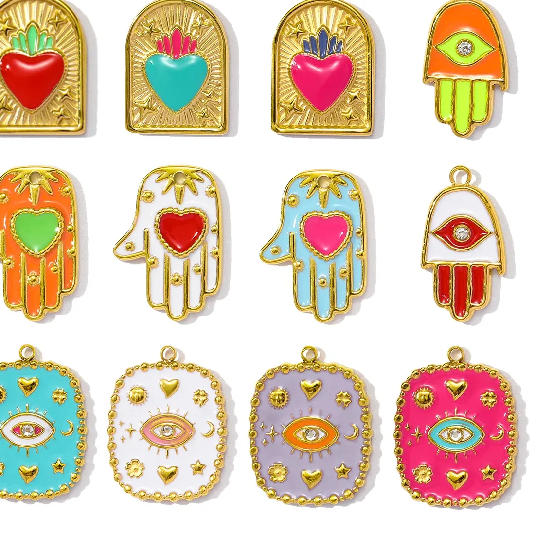 Authentic 3pcs/Lot Enamel Star Heart Diy Charms Woman Geomotric Evil Eye Necklace Pendants Hamsa Hand Jewelry