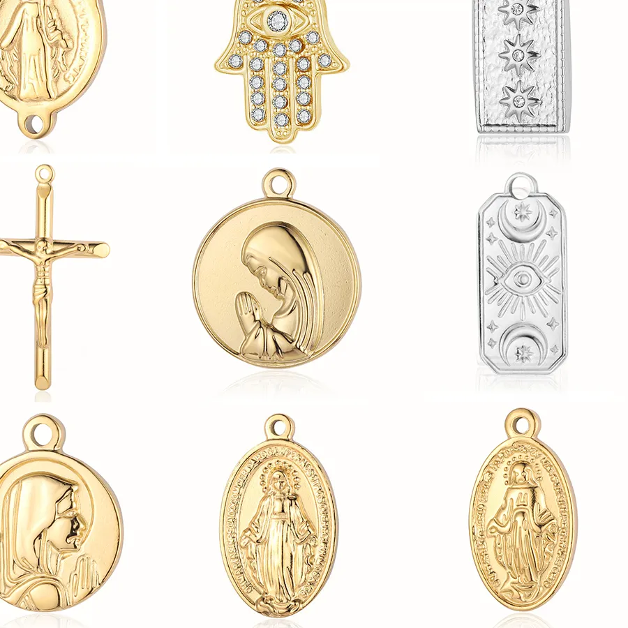 Authentic 3pcs/Lot God Virgin Mary Mirror Polished 316 DIY Charm Eye Hamsa Hand Cross Jewelry Buddha Head Necklace Pendant