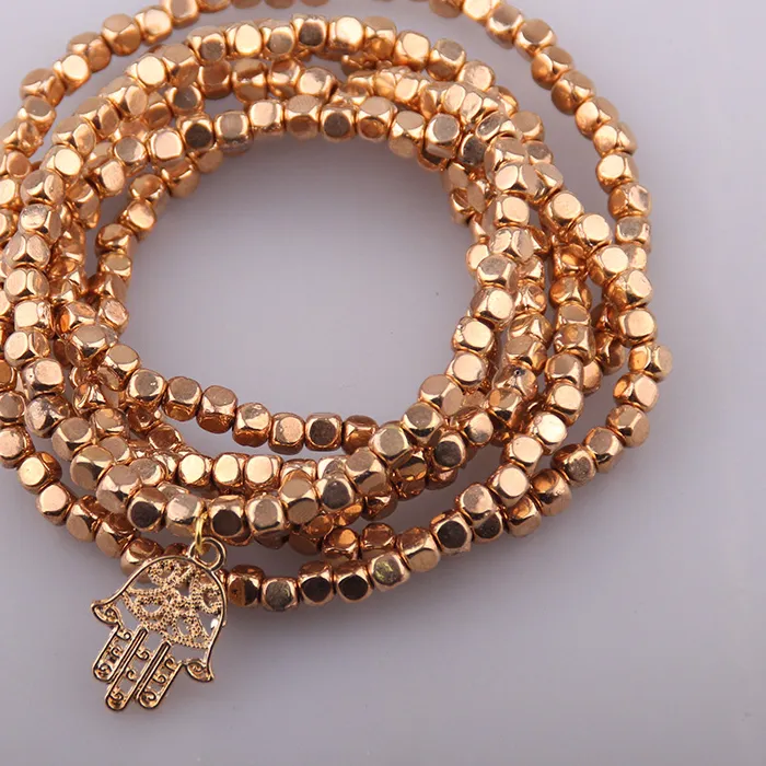 Authentic Bohemian Tribal Long Jewelry Square Beads long Halsband with Hamsa Hand Charm Necklace & Bracelet