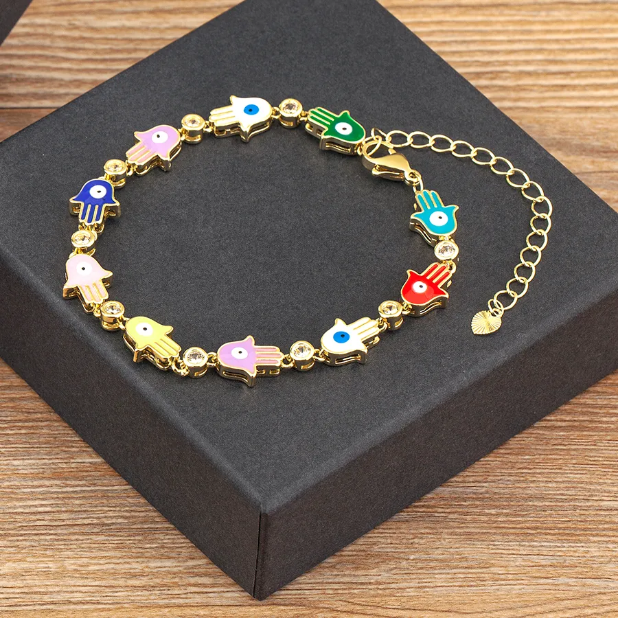 Authentic AIBEF Cute Palm Hamsa Eye Shape Enamel 5 Colors Bracelet Zircon Women Adjustable Bangle Jewelry Unusual Accessories