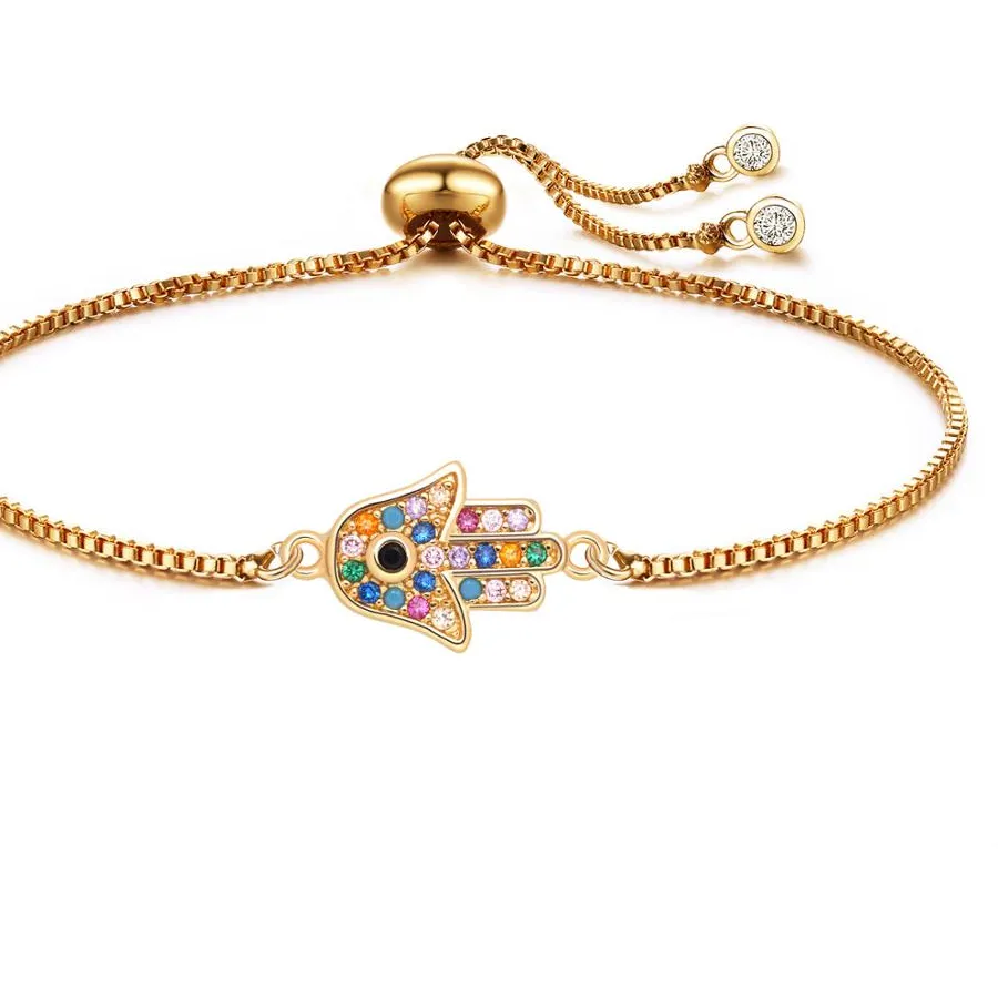 Authentic Cute Small Multicolor Cubic Zirconia Hamsa Hand Luck Charm Bracelet Women Girl Colourful CZ Fatima Of Hand Jewelry