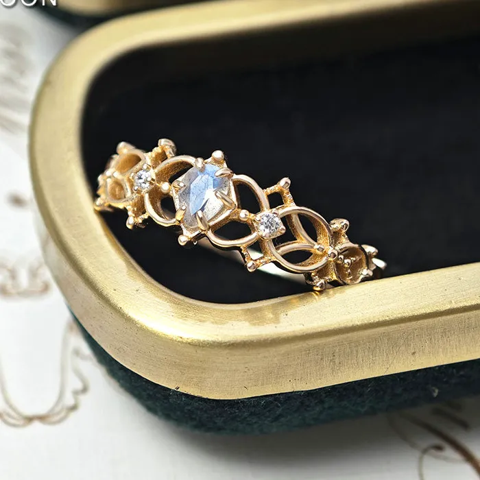 Authentic Lamoon Bijou Natural Labradorite Ring Hollow Out Lace Pattern 925 Sterling Silver Gold Plated Fine Jewelry