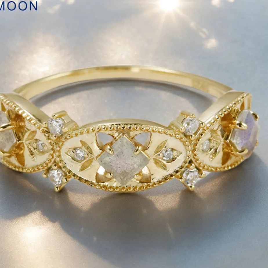 Authentic Lamoon Bijou Natrual Labradorite Gemstone Snowflake Ring 925 Sterling Silver Gold Plated Fine Jewelry