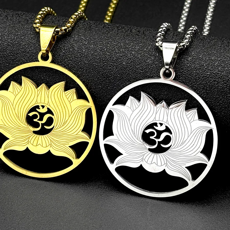 Authentic Lotus Flower OM Symbol Hindu Buddhist Pendant Necklace for Women Men Gold Silver Color Healing Chain Jewelry