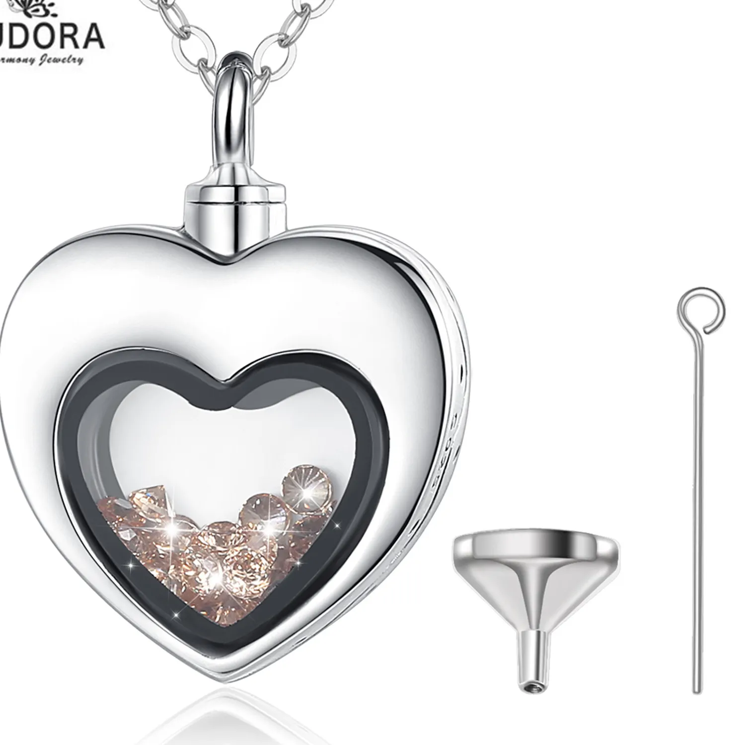 Authentic Eudora Sterling Silver Heart Locket Heart cremation memorial ashes urn 11 colors Crystal birthstone necklace jewelry keepsake 40