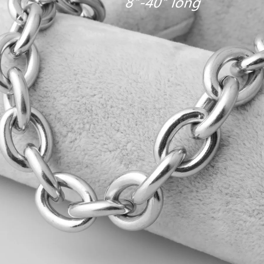 Authentic 8"-40" 8/11/13/15mm Fashion Silver Color Womens Mens Stainless Steel Rolo Oval Link Chains Necklaces Jewellery