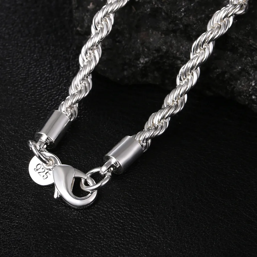 Authentic 40-60cm 925 Sterling Silver Solid 4MM Rope Chain Necklace for Women Men Beautiful Charm Wedding Party Jewelry