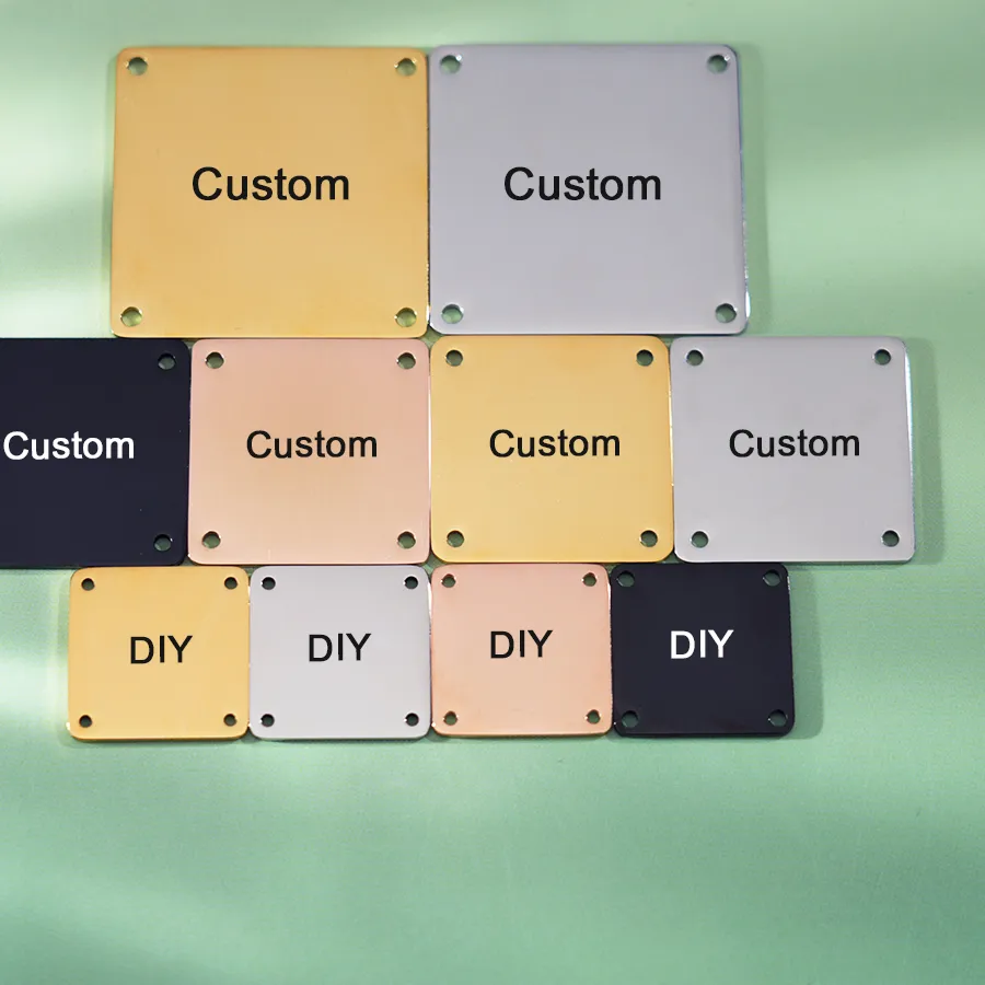 Authentic 30pcs/Lot Custom Logo Square Tags Personalized Four Holes Clothing Label Metal Nameplate Polish Jewelry Pendant