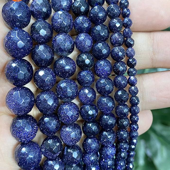 Authentic Smooth Faceted Dark Blue SandStone Round Loose Beads for Women's Bracelet Necklace Jewelry Making 15" Strand 4/6/8/10/12/14mm