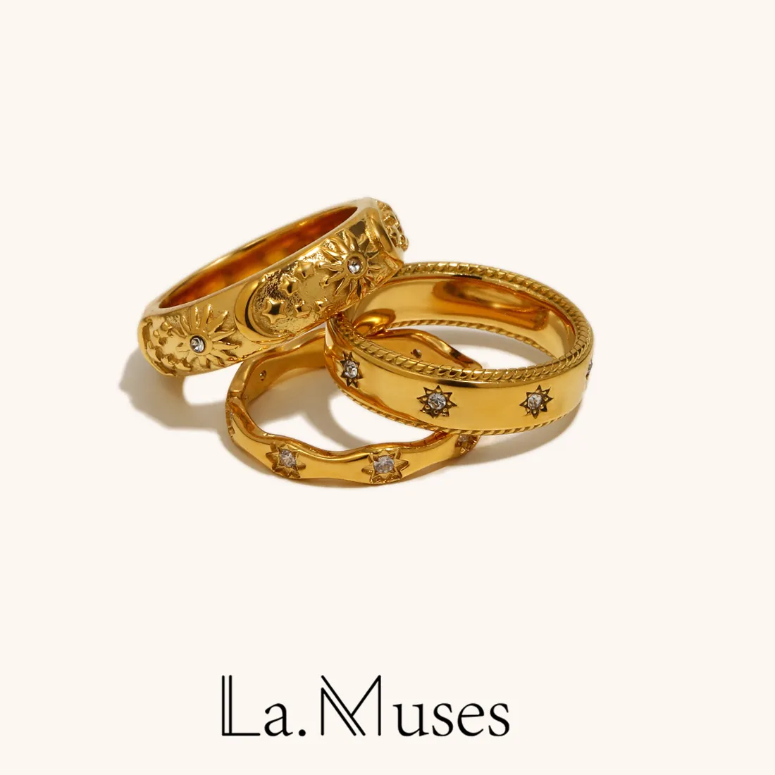 Authentic La.Muses Ripple Edged Octagonal Cubic Zircon Pattern Stainless Steel Women's Rings Waterproof Daily High-end Jewelry Accessories