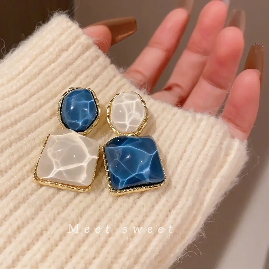 Authentic Korean  Jewelry Lightweight Water Ripple Earrings Geometric Square Earrings Asymmetrical Color-Block Earrings For Work Gift