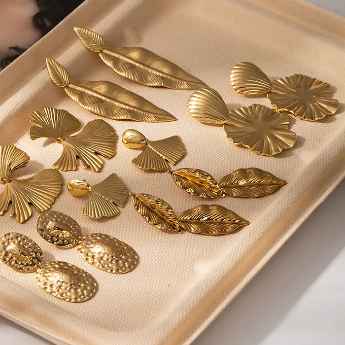 Authentic ANENJERY 316L Ginkgo Leaf Ellipse Ripple Earrings For Women French Delicate Temperament Jewelry Gifts