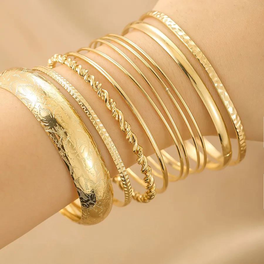 Authentic 10pcs Set Bohemia Water Ripple Smooth Surface Multi-layer Fold Wear Bangles for Women Exaggerated Personality Jewelry Sets Gifts